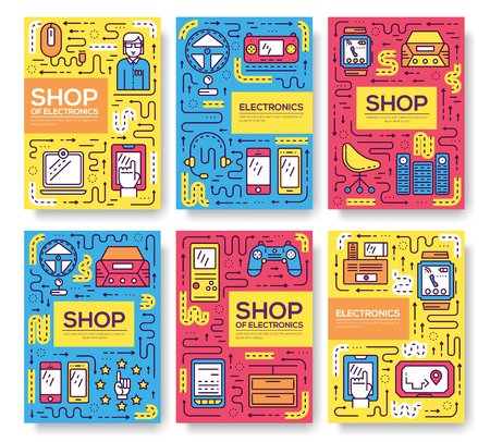 Device store concept. Thin line icons with flat background design. Sale electronic on modern shop. The seller advises the buyerのイラスト素材