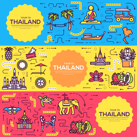Country thailand travel vacation guide places and features banners. Set of architecture, fashion, people, items background outline concept. Infographic traditional ethnic thin line icon のイラスト素材