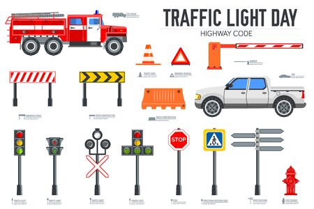 Traffic light day and highway code icons set. Vector Urban sign road transportation illustrationのイラスト素材
