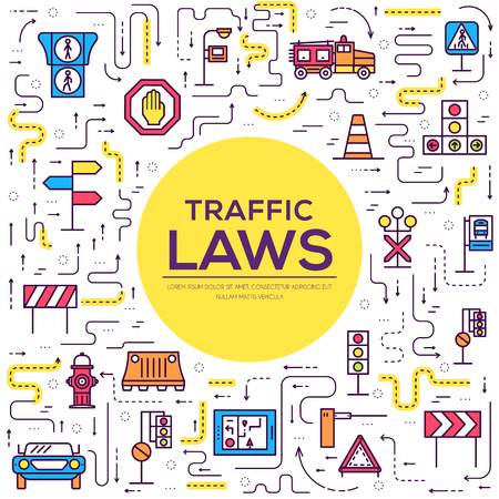 Traffic light day and highway code outline icons set. Vector thin line Urban sign road transportation illustration のイラスト素材