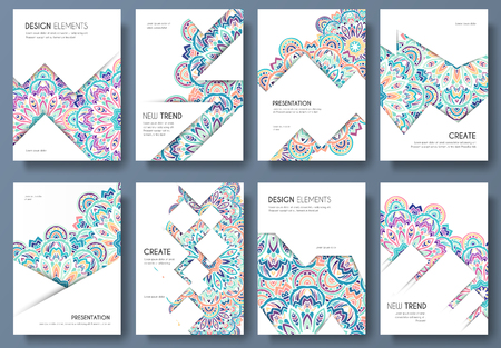 Abstract vector brochure cards set. Music art template of flyear, magazines, posters, book cover, banners. Colorful design invitation concept background. Layout ornament illustrations modern pageのイラスト素材