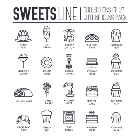 Cake stand in shop thin line illustration. outline sweet for party background. Food icon set on happy birthday or wedding. Vector collection objectのイラスト素材