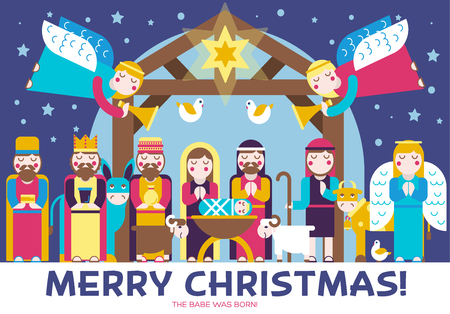 Merry Christmas icons flat set background. Vector birth of Christ illustration background concept.のイラスト素材