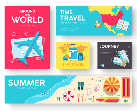 Tour of the world vector brochure cards set. Travel template of flyear, magazines, posters, book cover, banners. Summer vacation trip infographic concept background. Layout illustrations modern pagesのイラスト素材