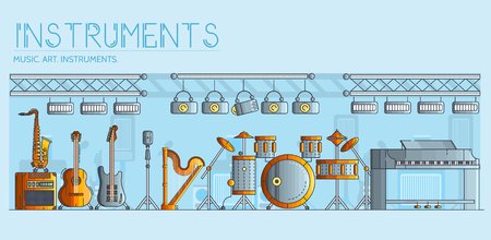 Variety of different music instruments and playing equipment. Layout modern vector background illustration design concept.のイラスト素材