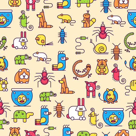 Pets flat illustration semless pattern concept. Wildlife and home zoo animals vector design icons.のイラスト素材