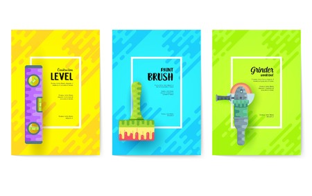 different construction company brochure cards. Working tools template of flyear, magazines, posters, book cover, banners. Colorful diy, building, work set background. Layout iconsのイラスト素材