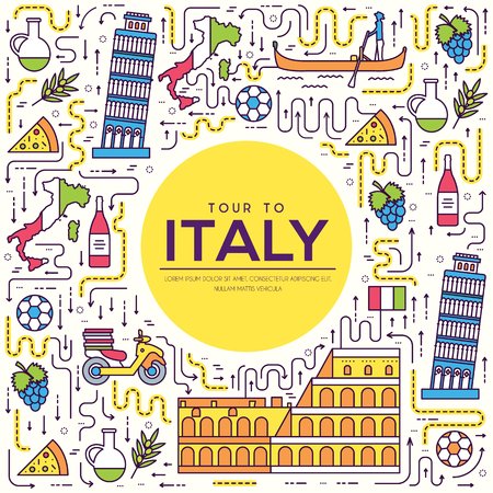 Country Italy travel vacation guide of goods, place and feature. Set of architecture, fashion, people, item, background concept. Infographic traditional ethnic flat, outline, thin line icon.のイラスト素材