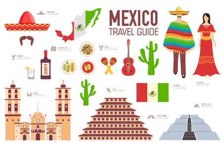 Country Mexico travel vacation guide of goods, places and features. Set of architecture, food, fashion, items, nature background concept. Infographics template design for web and mobile. On flat style.のイラスト素材