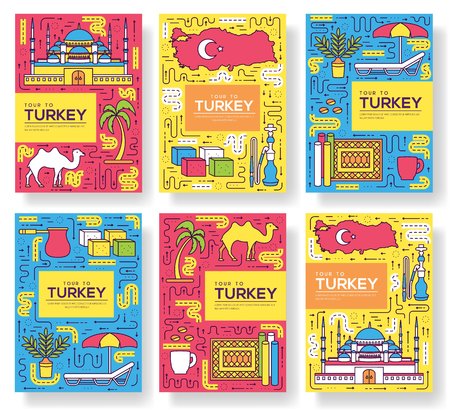 Country Turkey vector brochure cards thin line set. travel template of flyear, magazines, posters, book cover, banners. Layout culture outline illustrations modern pagesのイラスト素材