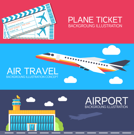 flat building airport with flying plane tour and ticket concept banners or card.  Vector illustration for colorful template for you design, web and mobile applicationsのイラスト素材