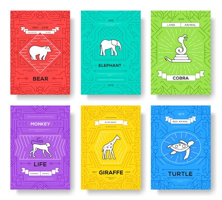 animal thin line brochure cards set. Wildlife template of flyear, magazines, posters, book cover, banners. Elements outline invitation concept background. Layout quality modern pagesのイラスト素材
