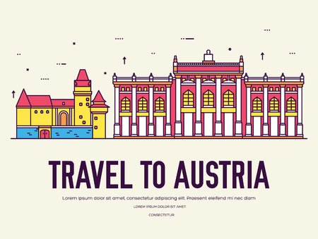 Country Austria travel vacation of place and feature. Set of architecture, item, nature background concept. Infographic traditional ethnic flat, outline, thin line iconのイラスト素材