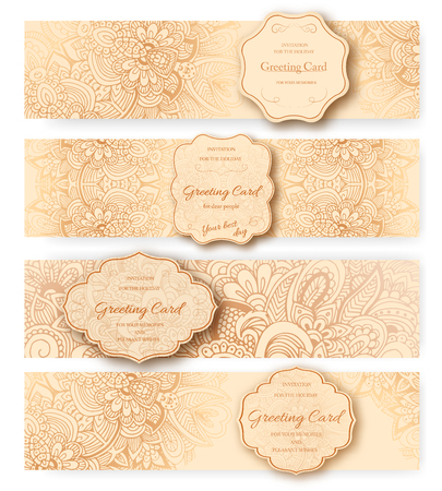 Set of ethnic ornament banners concept. Vintage art traditional, Islam, arabic, indian, ottoman motifs, elements. Vector decorative retro greeting card or invitation design.のイラスト素材