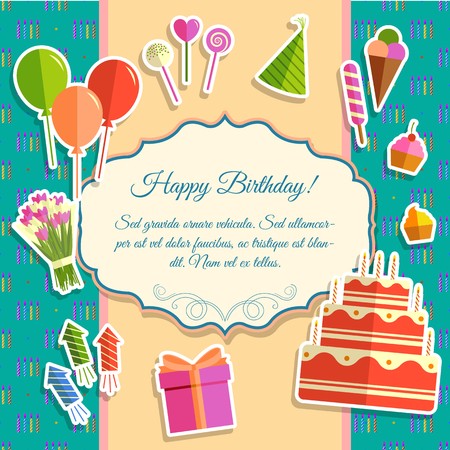 Flat happy Birthday festive background with confetti icons set. Party and celebration design elements: balloons, confetti, cake, drinks, gifts concept.のイラスト素材