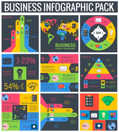 collection of 9  business flat infographic elements set for design in vintage colors. Vector illustration conceptのイラスト素材