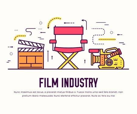 Premium quality cinema industry thin line design set. Filming minimalistic symbol infographic. Outline movie technology template of icon, typography, logo, pictogram and illustration concept .の写真素材