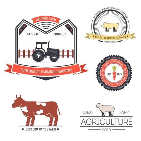 farm label template of emblem element for your product or design, web and mobile applications with text. Vector illustration with thin lines isolated icons on stamp symbolの写真素材