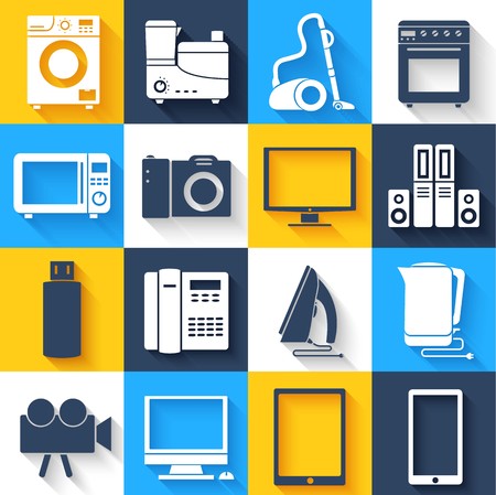 Home electronics, appliances infographics template concept. Icons design for your product or design, web and mobile applications. Vector flat with long shadow illustration on background.の写真素材