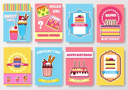 Sweet for party or wedding brochure cards set. Cake stand template of flyer, magazines, posters, book cover, banners. Food infographic concept background. Layout illustrations pages with typography.のイラスト素材