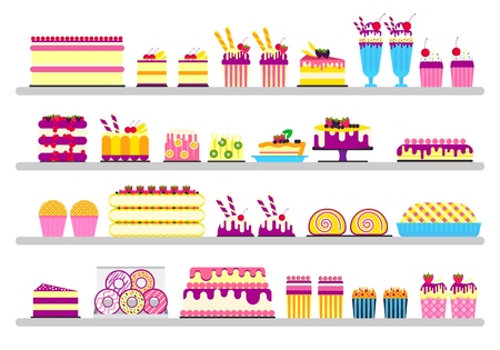 Cake stand in shop illustration. Vector sweet for party background. Food icon set on happy birthday or wedding. Vector collection object.のイラスト素材