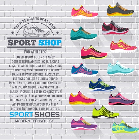 big flat illustration collection set of sneakers running, walking, shopping, style backgrounds. Vector concept elements icons. Colorful template for you design, poster, web and mobile applications.のイラスト素材