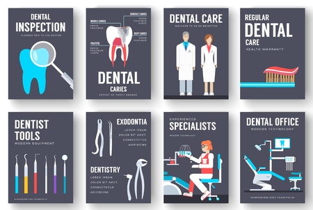Dental office interior information cards set. Hygiene template of flyear, magazines, posters, book cover, banners. Clinic infographic concept background. Layout dentistry illustrations modern pages.のイラスト素材