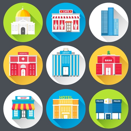Flat colorful vector sity buildings set. Icon background concept design.  emplate for website and mobile applianceのイラスト素材
