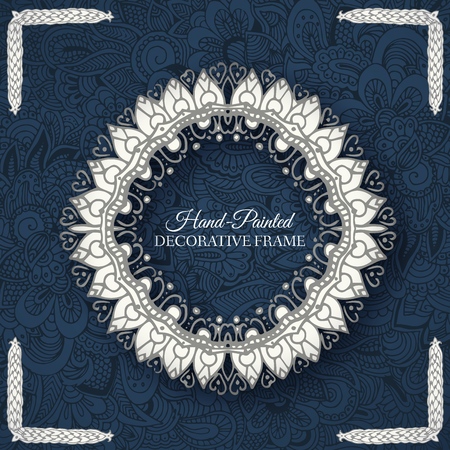 Hand drawn abstract background ornament frame on old paper illustration concept. Vector decorative retro banner of card or invitation design. Vintage traditional, indian, ottoman motifs, elementsのイラスト素材