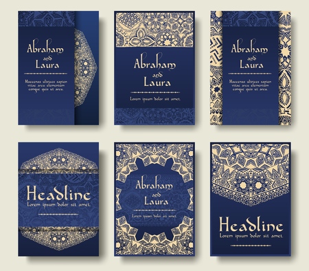 Set of flyer pages ornament illustration concept. Vintage art traditional, Islam, arabic, indian, ottoman motifs, elements. Vector decorative retro greeting card or invitation designのイラスト素材