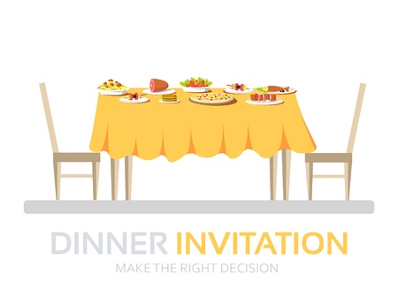 vintage dinner table with many food in flat design background concept. Icons for your product or illustration, web and mobile applicationsのイラスト素材