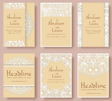 Set of wedding flyer pages ornament illustration concept. Vintage art traditional, Islam, arabic, indian, ottoman motifs, elements. Vector decorative retro greeting card or invitation designのイラスト素材