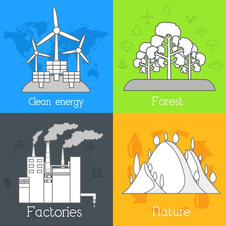Flat design of ecology, environment, green clean energy and pollution backgrounds. Vector concept illustrationのイラスト素材