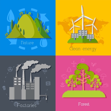 Flat design of ecology, environment, green clean energy and pollution backgrounds. Vector concept illustrationのイラスト素材