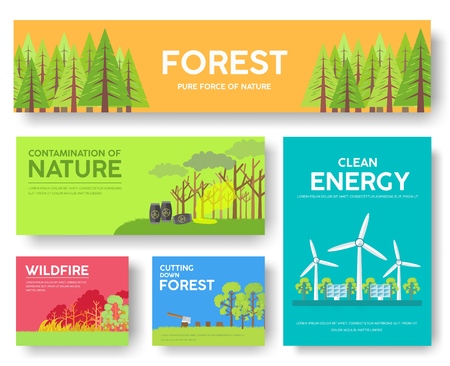 Ecology information cards set. Ecological template of flyear, magazines, posters, book cover, banners. Eco infographic concept background. Layout illustrations modern pages with typography text.のイラスト素材