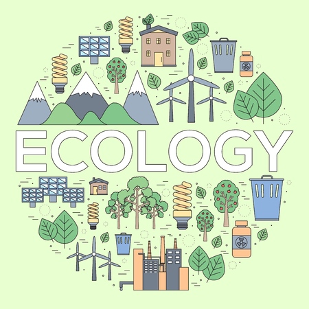 Ecology circle infographics template concept. Icons for your product or design, web and mobile applications. Vector flat with long shadow illustration on blue background.のイラスト素材