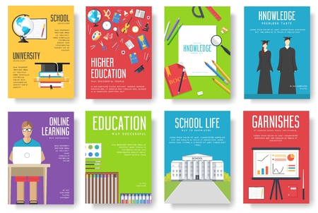 Back to school information cards set. Student template of flyear, magazines, posters, book cover, banners. College education infographic concept background. Layout illustrations modern pages .のイラスト素材