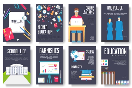 Back to school information cards set. Student template of flyear, magazines, posters, book cover, banners. College education infographic concept background. Layout illustrations modern pages .のイラスト素材