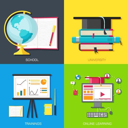 Education distance, online and academic school variations concept backgrounds in retro flat style design. Vector web and mobile application illustrations.のイラスト素材
