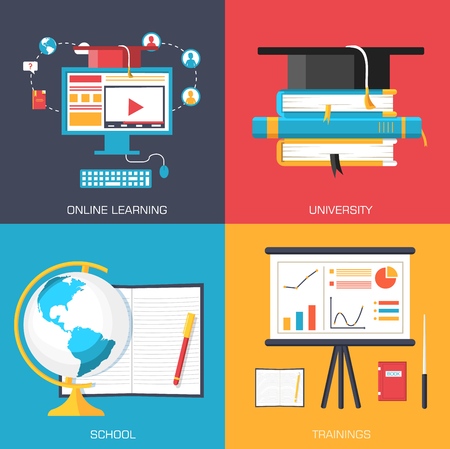 Education distance, online and academic school variations concept backgrounds in retro flat style design. Vector web and mobile application illustrations.のイラスト素材