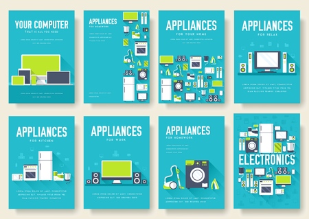 Home appliances cards set. Electronics template of flyear, magazines, posters, book cover, banners. Devices infographic concept background. Layout illustrations template pages with typography text.のイラスト素材