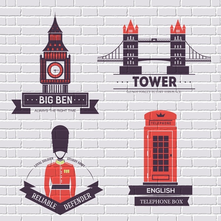 Country England label template of emblem element for your product or design, web and mobile applications with text. Vector illustration with thin lines isolated icons on stamp symbolのイラスト素材