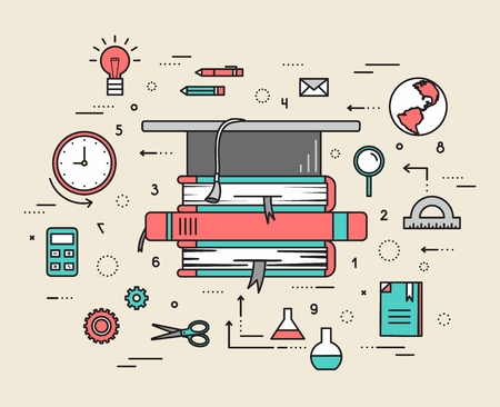 Education distance, online and academic school variations concept backgrounds in retro flat style design. Vector web and mobile application illustrations.のイラスト素材