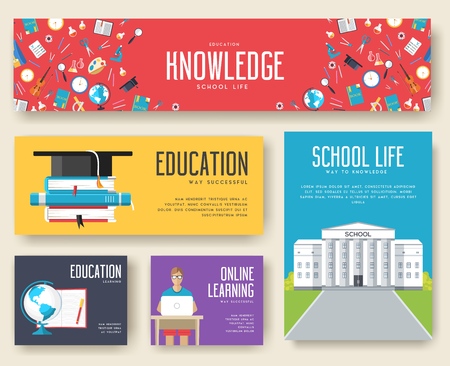 Back to school information cards set. Student template of flyear, magazines, posters, book cover, banners. College education infographic concept background. Layout illustrations modern pages .のイラスト素材