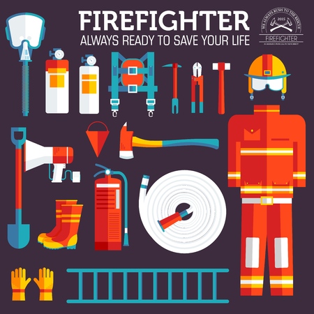 firefighter uniform and first help equipment set and instruments. On flat style background concept. Vector illustration for colorful template for you design, web and mobile applications.のイラスト素材