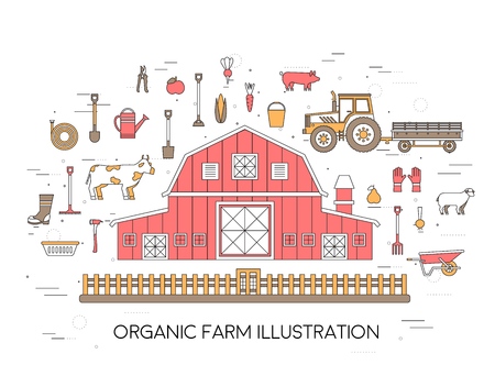 Organic farm in village set and tile in thin lines style design. instruments, flower, vegetables, fruits, hay, building, animals, tractor, tools, clothing. Vector illustrations background concept.のイラスト素材
