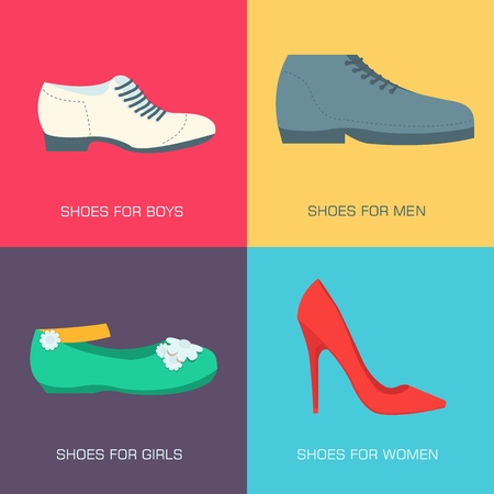 fashion shoes for family on flat style. Vector illustration concept banners. Template for website and mobile appliance .のイラスト素材