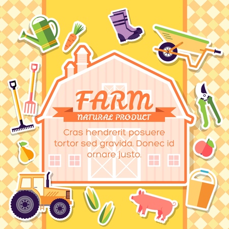 Farm equipment elements on background poster in sticker style design. Instruments, flowers, vegetables, fruits, hay, building, animals, tractor, tools, clothing. Vector template card illustration.のイラスト素材