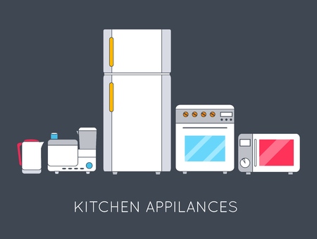 Flat modern kitchen appliances background concept. Vector illustration design. Thin lines outline style.のイラスト素材