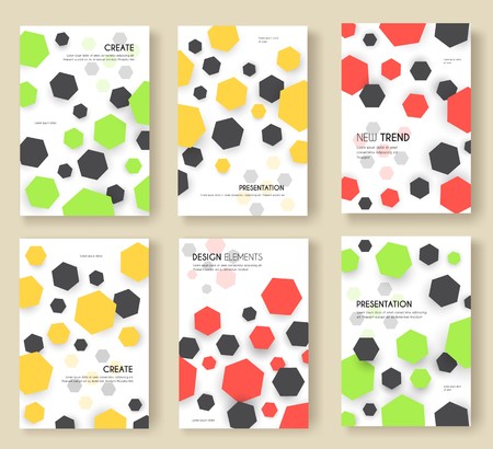 Abstract geometric pattern cards set. Shape colors template of flyear, magazines, posters, book cover, banners. Graphic invitation concept background. Layout quality modern.のイラスト素材
